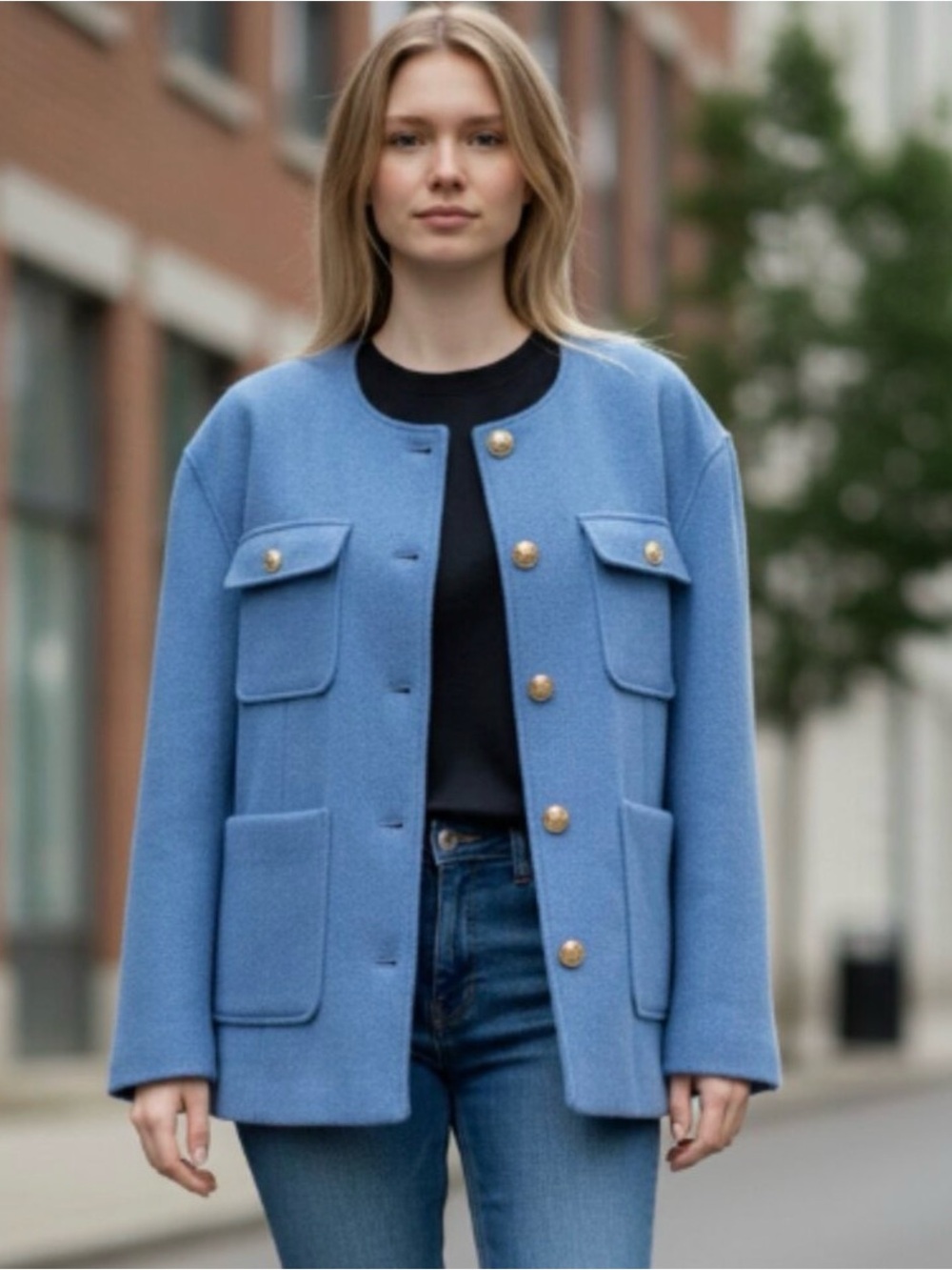 Rachel Zoe blue button front coat jacket size M